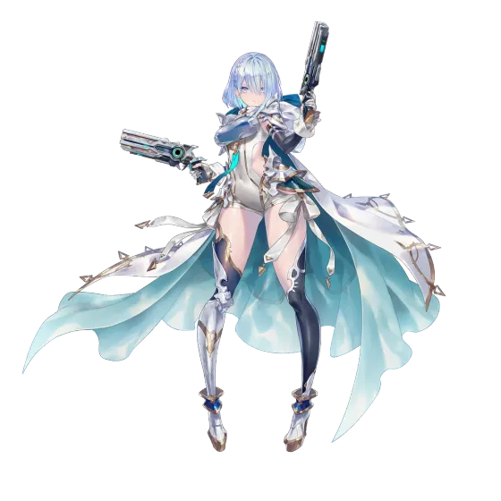Dreizehn, the Portalcraft leader, holding two handguns